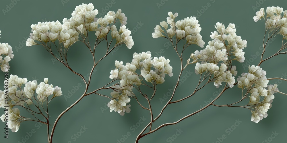 Poster green background with a row of white flowers. the flowers are arranged in a way that they look like 