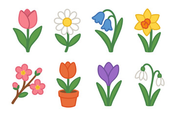 Colorful spring flowers collection featuring tulips, daisies, and more in flat style