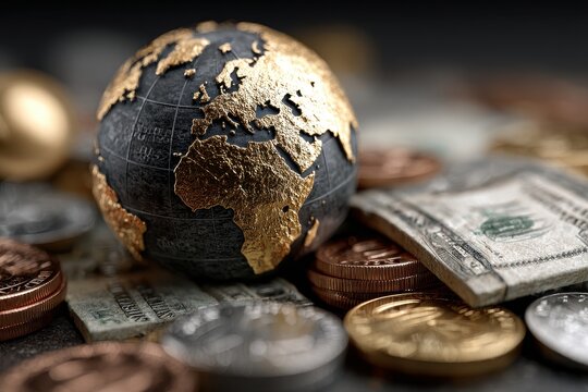World economy represented by a globe showing continents, stacked coins, and paper currency