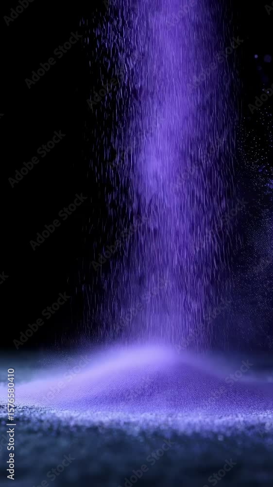 Poster vibrant purple powder gently cascading and accumulating on dark surface, forming elegant isolated ar