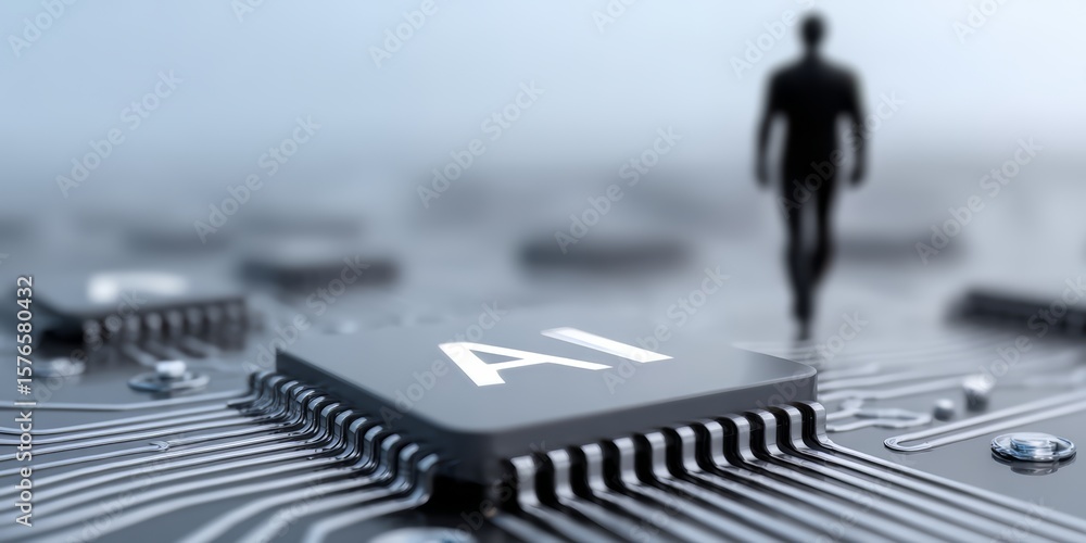 Poster man is walking in front of a computer chip with the letters ai on it. concept of technology and inno