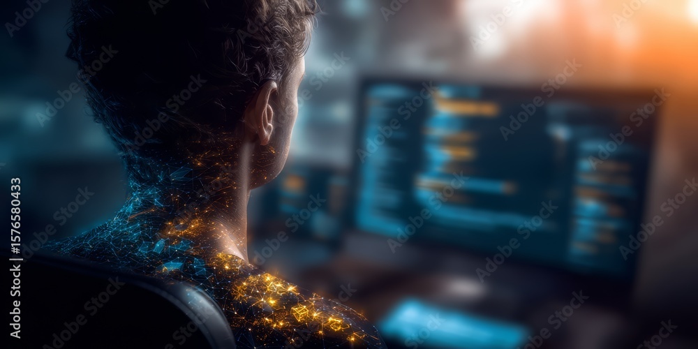 Poster man is sitting in front of a computer monitor with a blue screen. the man is wearing a black shirt a