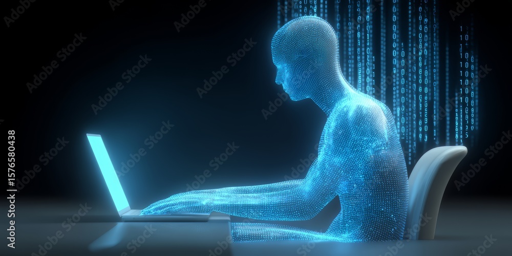 Poster man is sitting at a desk with a laptop in front of him. the laptop screen is glowing and the man is 