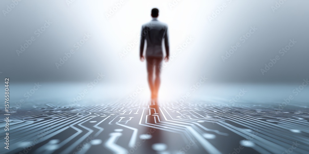 Poster man is walking on a computer chip. the image has a futuristic and technological vibe. the man's suit