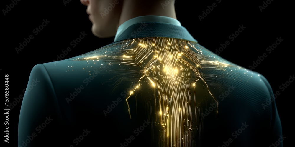 Poster man's back is covered in glowing lights, creating a futuristic and otherworldly effect. concept of t