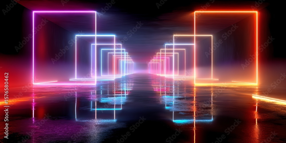 Poster neon lighted room with a series of squares. the squares are lit up in different colors