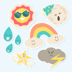 weather and celestial body stickers, sun, moon, stars, rainbow, cloud with lightning and rain in cute style with faces