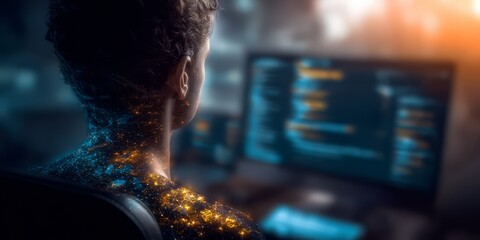 Man is sitting in front of a computer monitor with a blue screen. The man is wearing a black shirt and has a beard. The computer screen is displaying a lot of text and numbers