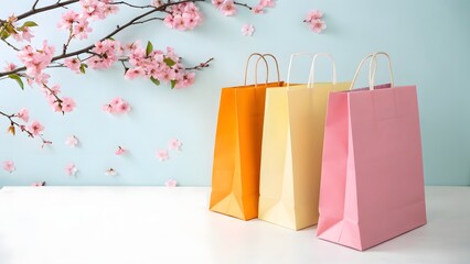colorful shopping bags with flower branch in sky blue background