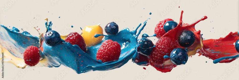 Poster artistic paint splash creating vibrant representation of berries with vivid colors and fluid dynamic