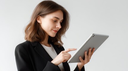 Woman in a business suit is using a tablet to point at something. She is smiling and she is enjoying herself