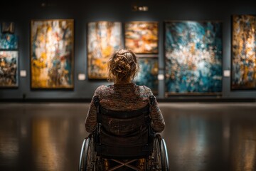 Woman in Wheelchair Observes Colorful Paintings in a Dark Museum Gallery during the Afternoon