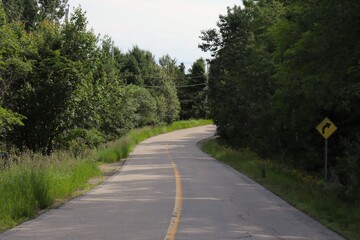 Obraz premium Rural road in the forest and in summer. Destination and travel in countryside. Summer calendar and summer calendar. Way and direction.
