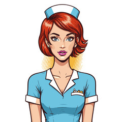 Playful woman in nurse uniform smiling against a white background, pop art style concept for healthcare and nursing services.