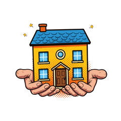 Colorful pop art style illustration of hands holding a vibrant yellow paper house, isolated on white, concept of creativity and homeownership, graphic design, real estate
