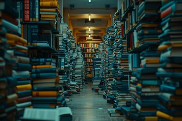 Open book on table surrounded by stacked books, emphasizing education and literature themes