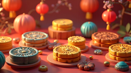 a vibrant and exaggerated a mid-autumn festival celebration, set against a lush background filled with an assortment of intricately designed moon cakes in various shapes and sizes. 