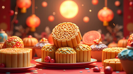 a vibrant and exaggerated a mid-autumn festival celebration, set against a lush background filled with an assortment of intricately designed moon cakes in various shapes and sizes. 