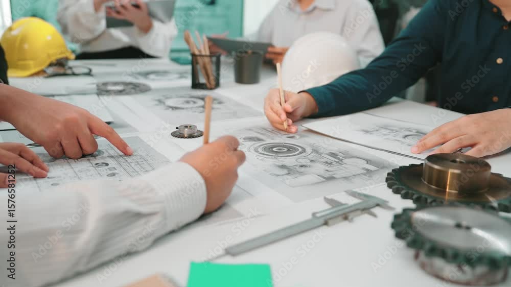 Poster a group of engineers engages in collaborative planning and design, utilizing charts and tools in a m