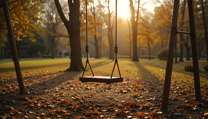 Empty wooden swing in autumn park with golden sunlight trees leaves