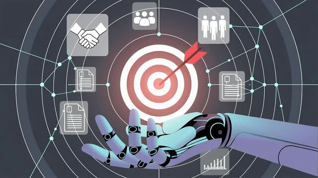 Artificial intelligence reaches targets, showing business growth and effective strategy with a robotic arm