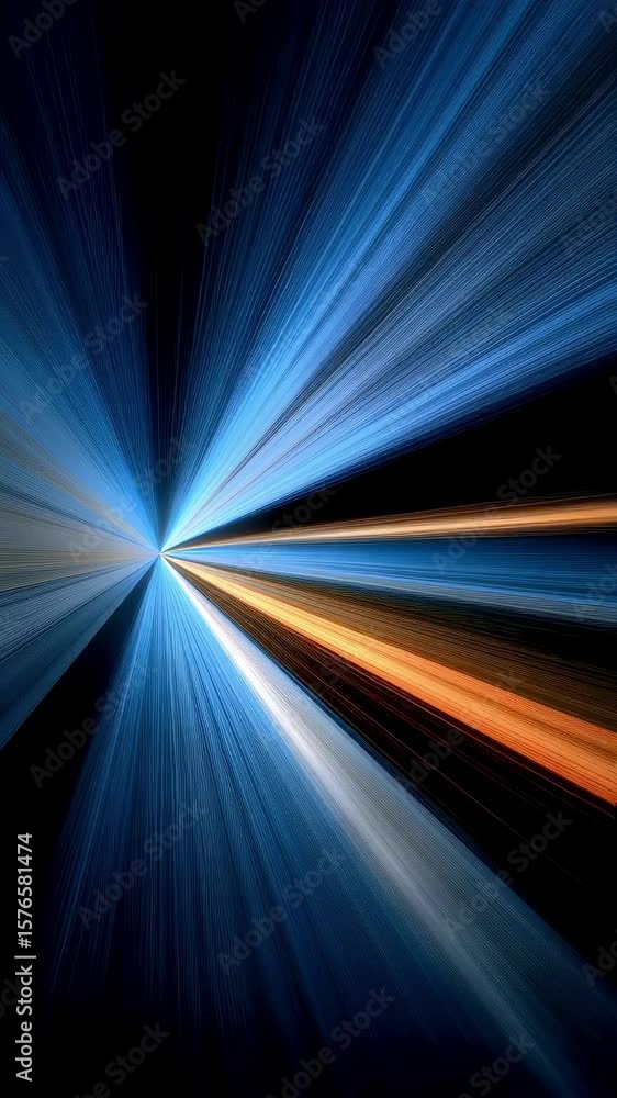 Poster light rays radiating dynamically from central point, expanding with vibrant energy across shadowy ba
