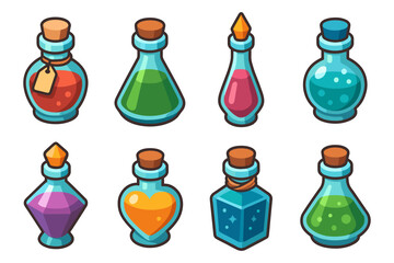 Colorful potion bottles collection with cork stoppers and unique shapes