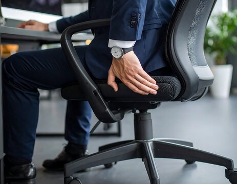Businessman adjusting office chair - Powered by Adobe