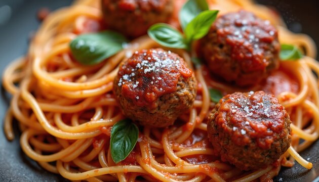 Delicious homemade meatballs with spaghetti, rich tomato sauce. Savory meatball pasta dish garnished with fresh basil. Top view close-up of Italian comfort food, perfect for lunch dinner. Served in - Powered by Adobe