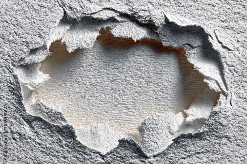 Poster torn white textured surface reveals underlayer with rough edges creating abstract shapes