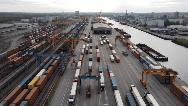 High-angle drone shot of a massive intermodal freight terminal. Containers on trains, trucks, and barges showcase global logistics and efficient supply chain. Gantry cranes actively move goods