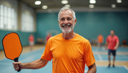Senior man smiles holding orange pickleball paddle on court. Energetic player enjoys active game, promoting fitness, health, social engagement in friendly competition. Fun recreation, community