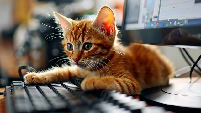 Ginger Kitten at Work: A charming ginger kitten relaxes near a keyboard, captivating the scene of digital life with a hint of feline curiosity.