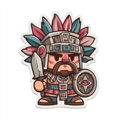 A stylized Aztec warrior stands ready, shield and sword at hand.