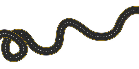 An illustration of a long, winding, and curved road seen from a top perspective, separated from the background. Vector eps10
