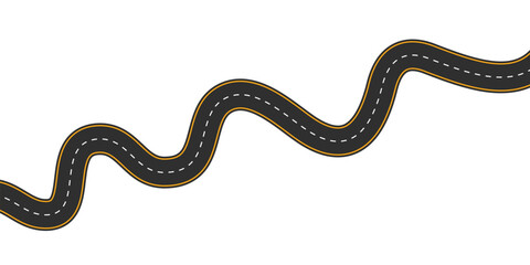 A long, winding, and curved road viewed from above, isolated from the background, illustrated. Vector eps10
