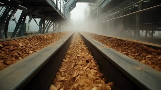 Cassava chips, also known as yucca or manioc, are transported on a conveyor belt inside a factory processing starch from the root vegetable, creating a dusty atmosphere