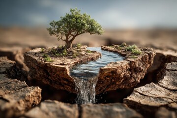 Tree and water stream on an island of arid cracked soil represent resilience and life giving force in a desert landscape