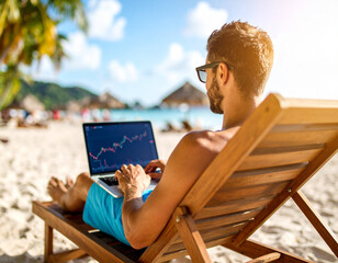 man trading stocks on the beach, working remotely with financial freedom