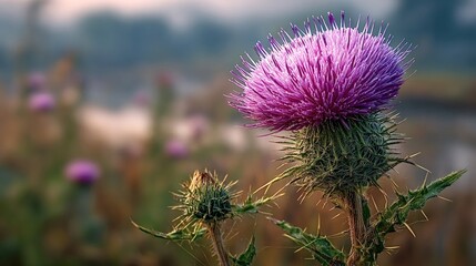 Beautiful purple thistle flower blooming in a meadow at sunrise, with other thistle flowers and buds in the background, creating a peaceful and natural scene