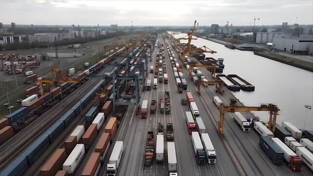 High-angle shot of a bustling intermodal freight terminal. Trucks, trains, and barges move shipping containers