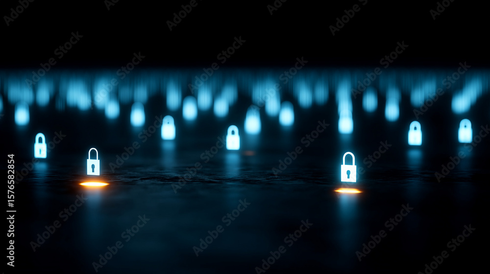 Poster illuminated lock icons on a futuristic dark background symbolize digital data protection.