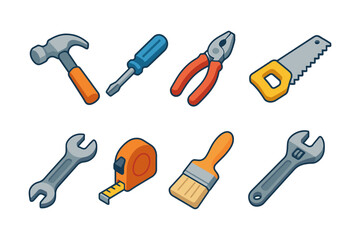 Colorful cartoon hand tools collection: hammer, saw, wrench, and more