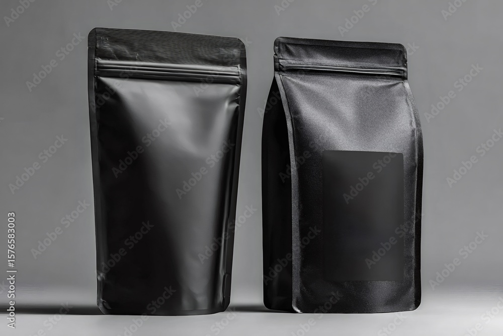 Poster two black doypack pouches standing on a gray background, one displaying a front view with a rectangu