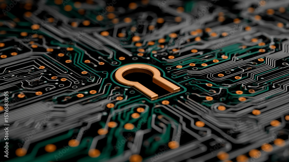 Poster a gleaming golden keyhole is intricately embedded within a complex electronic circuit board, symboli