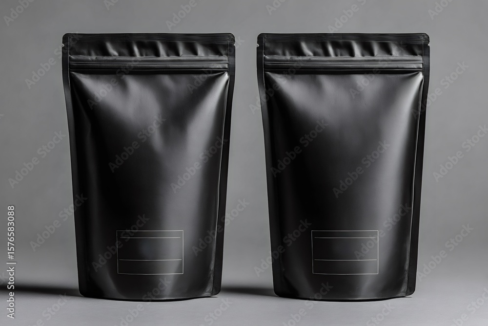 Poster two blank black doypack pouches with zippers standing upright on a gray background provide an ideal 