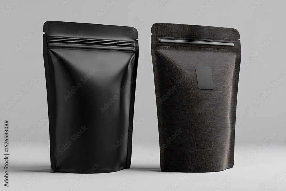 Poster two blank black pouch bags, one featuring a smooth surface and the other with a textured finish, sta