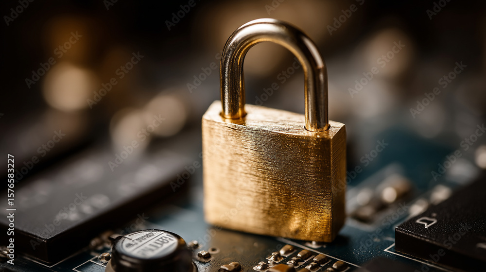 Aufkleber a gleaming golden padlock stands guard on a complex circuit board, symbolizing robust digital securi