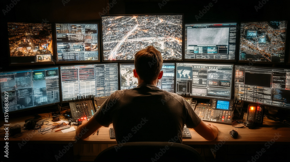 Poster a focused expert commands an intricate digital landscape displayed across an array of glowing screen