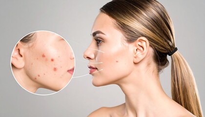 Woman's face, before and after acne treatment
